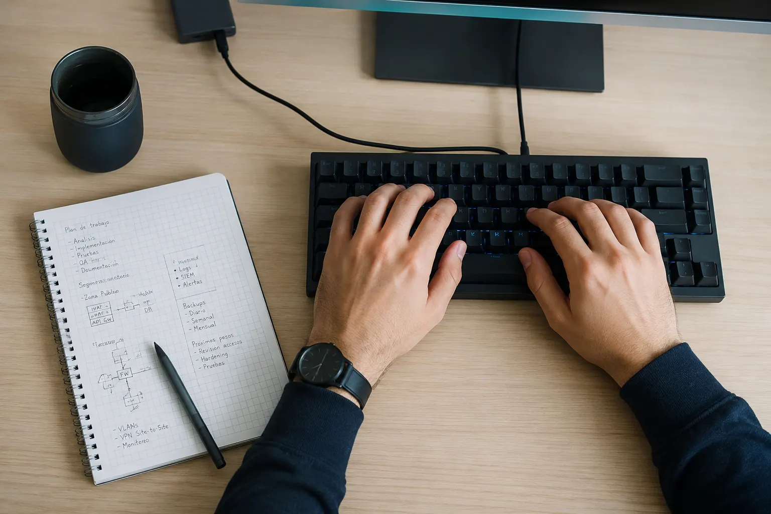 Manos escribiendo en un teclado junto a un cuaderno con un plan de trabajo anotado a mano