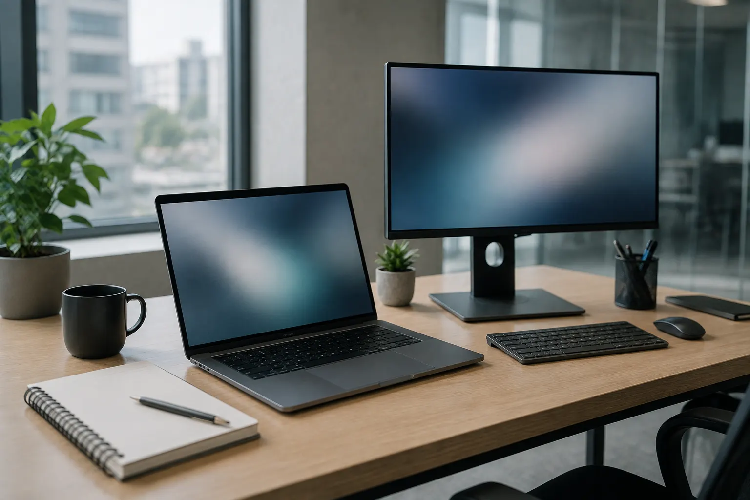 Puesto de trabajo con portátil y monitor externo junto a una ventana