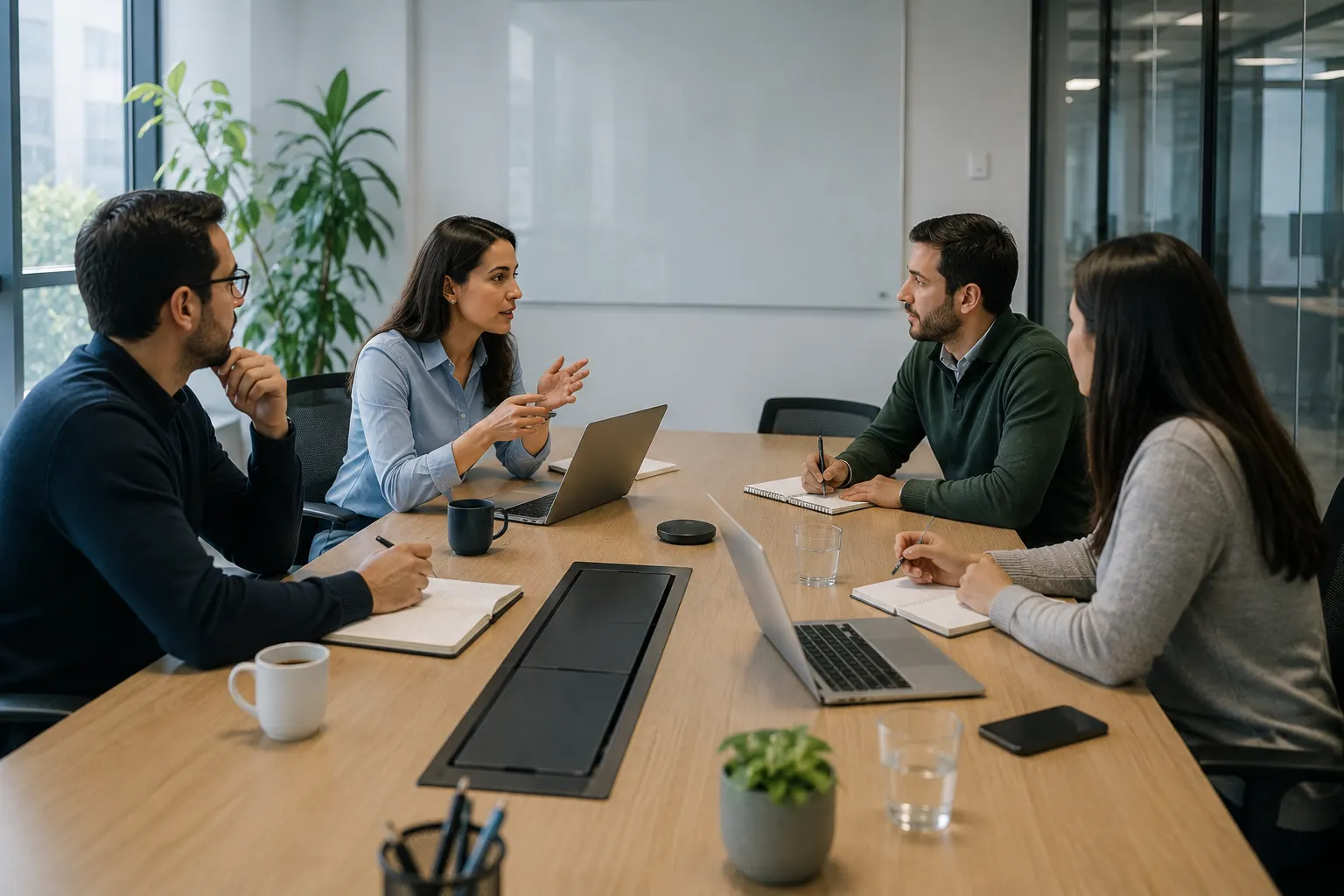 Reunión de trabajo entre tres profesionales alrededor de una mesa